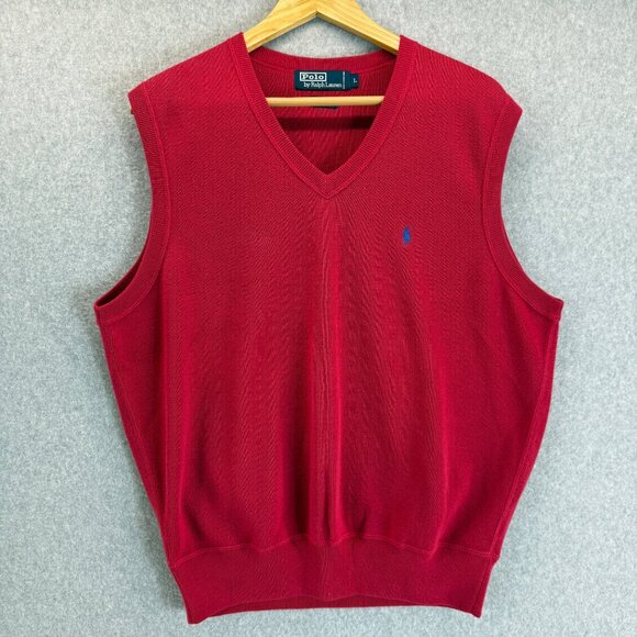 POLO by Ralph Lauren Y2K Mens Red Sweater Vest V-Neck Blue Pony Logo‎ Size Large - Picture 1 of 13